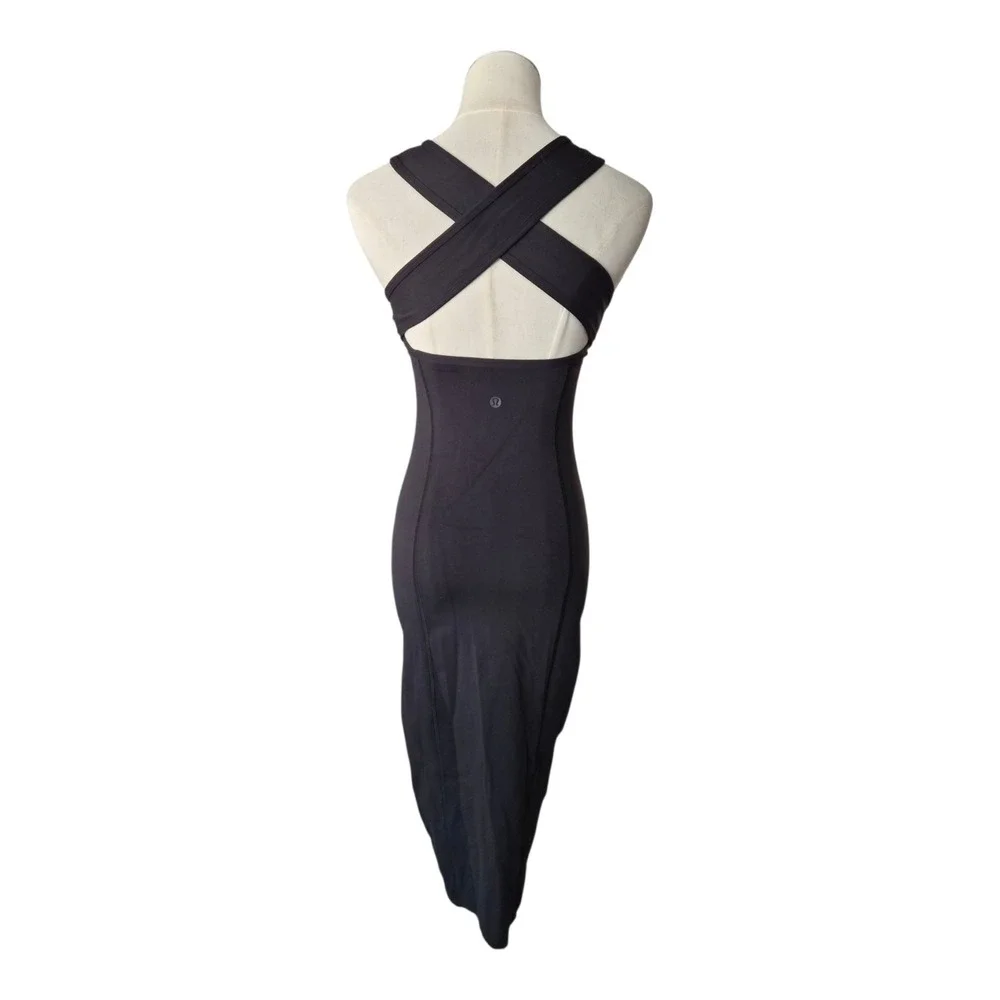 Lululemon Picnic Play Dress Size 2 Black Criss Cross Open Back Bodycon Midi Luon
